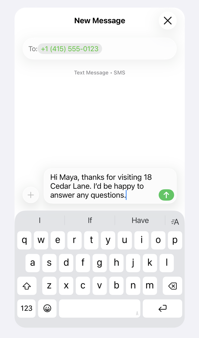 An unsent personalized text to Maya shown in Apple Messages.