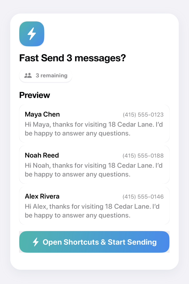 TextQ Fast Send confirmation showing three personalized previews and the explicit Open Shortcuts and Start Sending action.