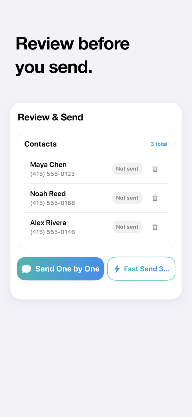 TextQ Review and Send showing three recipients and the Send One by One and Fast Send choices.